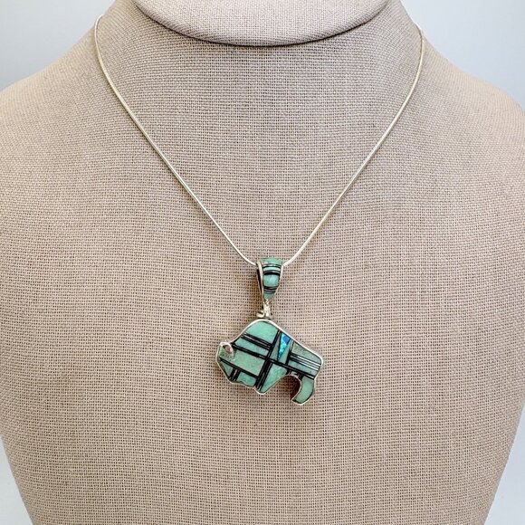 VTG Sterling Silver 925 Reversible Opal & Lapis Inlay Buffalo Pendant 18" Chain - Picture 3 of 16